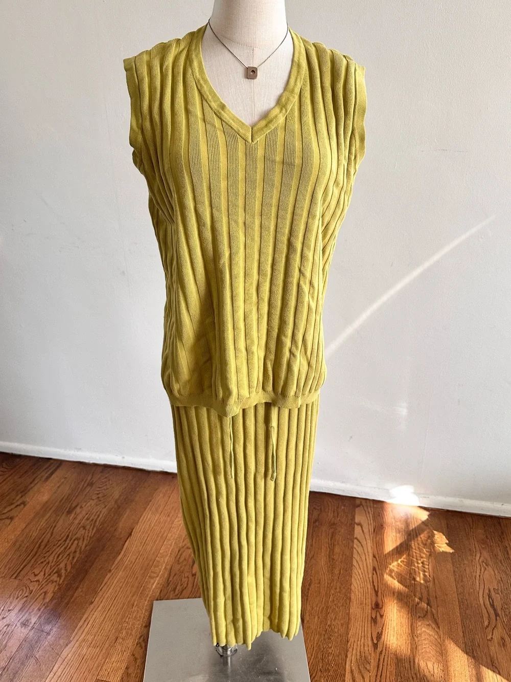 Ribbed Knit Chartreuse Two Piece Top & Midi Skirt Set Medium